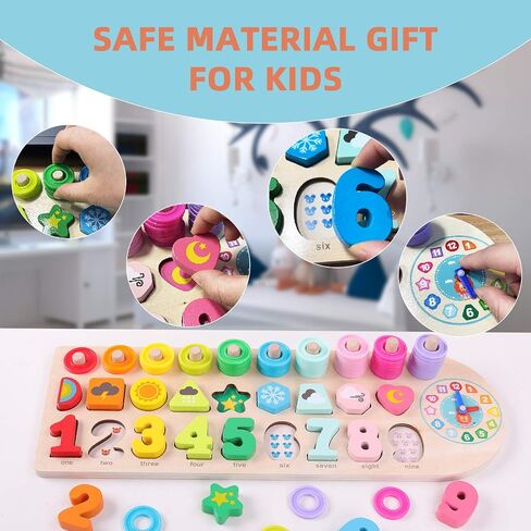 QZMTOY Counting Shape Stacker Wooden Count Sort Stacking Tower with Wood Colorful Number Shape Math Blocks for Kids Preschool Educational Toddlers Toy in Kuwait
