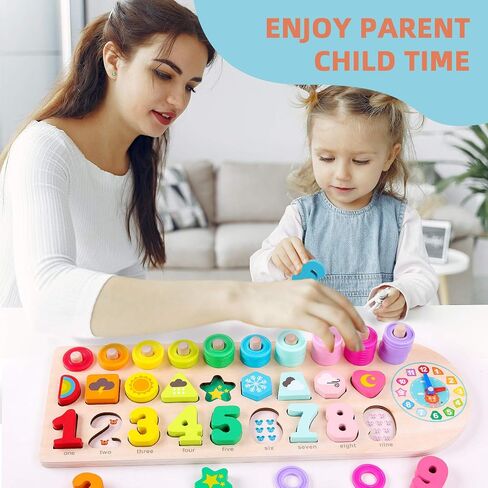 QZMTOY Counting Shape Stacker Wooden Count Sort Stacking Tower with Wood Colorful Number Shape Math Blocks for Kids Preschool Educational Toddlers Toy in Kuwait
