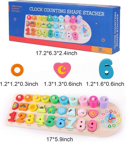 QZMTOY Counting Shape Stacker Wooden Count Sort Stacking Tower with Wood Colorful Number Shape Math Blocks for Kids Preschool Educational Toddlers Toy in Kuwait