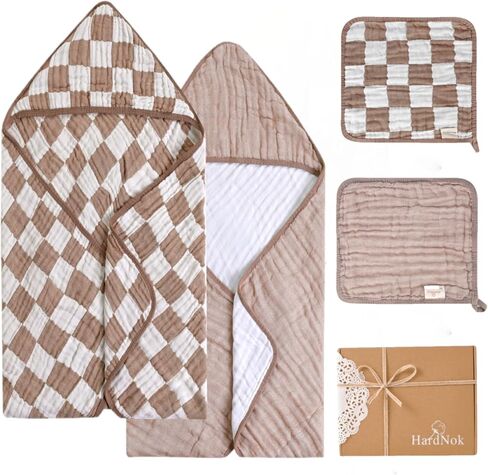 Ultra Soft Muslin Baby Towel Set 4-Piece - Muslin & Bamboo Viscose Blend, Ideal for Bath & Beach, Perfect for Baby Boys & Girls, (Coffee Checkered, 32x32 inches) in Kuwait