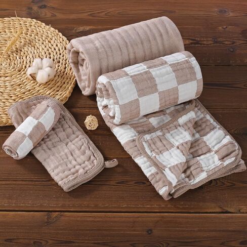 Ultra Soft Muslin Baby Towel Set 4-Piece - Muslin & Bamboo Viscose Blend, Ideal for Bath & Beach, Perfect for Baby Boys & Girls, (Coffee Checkered, 32x32 inches) in Kuwait