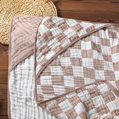 Ultra Soft Muslin Baby Towel Set 4-Piece - Muslin & Bamboo Viscose Blend, Ideal for Bath & Beach, Perfect for Baby Boys & Girls, (Coffee Checkered, 32x32 inches) in Kuwait