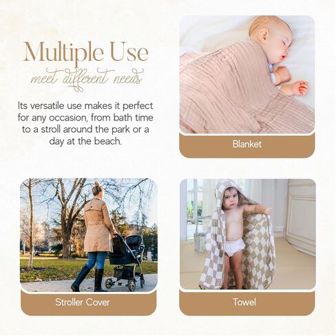 Ultra Soft Muslin Baby Towel Set 4-Piece - Muslin & Bamboo Viscose Blend, Ideal for Bath & Beach, Perfect for Baby Boys & Girls, (Coffee Checkered, 32x32 inches) in Kuwait
