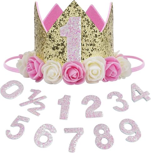 Baby Birthday Crown, Princess Crowns Tiara Girls Party Hat With Gold Glitter and Pink Roses for Birthday Party Decorations in Saudi Arabia