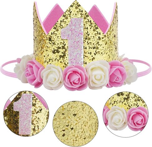 Baby Birthday Crown, Princess Crowns Tiara Girls Party Hat With Gold Glitter and Pink Roses for Birthday Party Decorations in Saudi Arabia