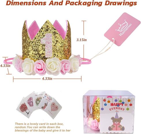 Baby Birthday Crown, Princess Crowns Tiara Girls Party Hat With Gold Glitter and Pink Roses for Birthday Party Decorations in Saudi Arabia