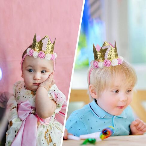 Baby Birthday Crown, Princess Crowns Tiara Girls Party Hat With Gold Glitter and Pink Roses for Birthday Party Decorations in Saudi Arabia