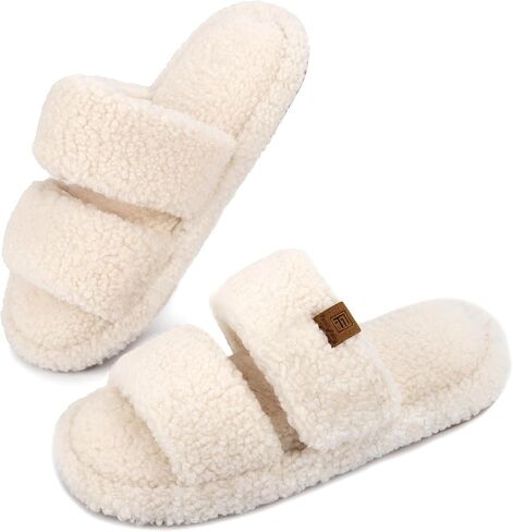 FamilyFairy Open Toe Slippers for Women Adjustable Memory Foam House Shoes Faux Fur Fuzzy Slide Sandals Non Slip Washable in Kuwait