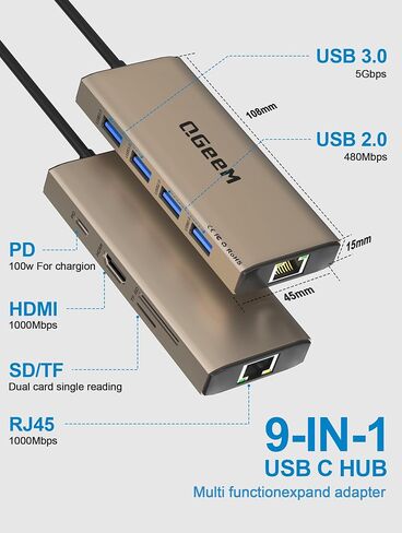 QGeeM USB C Hub Ethernet,9-in-1 Docking Station with 4K HDMI,Card Reader,100W PD, USB 3.0/2.0, Gigabit Ethernet,USB C Dock Compatible with iPhone 15/Mac Book/Dell/HP/Steam Deck and More-Classic Gray in Saudi Arabia