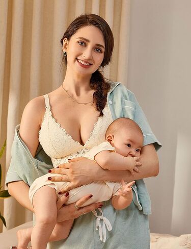 MOMANDA Women's Lace Nursing Bra Wirefree Padded Breastfeeding Maternity Bralette Cute in Kuwait