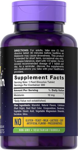 Carlyle Melatonin 12 mg Fast Dissolve 180 Tablets | Drug Free | Natural Berry Flavor | Vegetarian, Non-GMO, Gluten Free in Kuwait