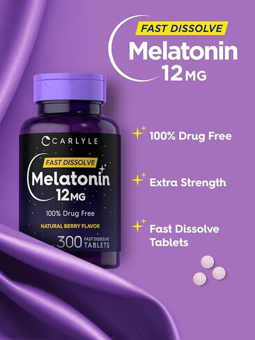 Carlyle Melatonin 12 mg Fast Dissolve 180 Tablets | Drug Free | Natural Berry Flavor | Vegetarian, Non-GMO, Gluten Free in Kuwait