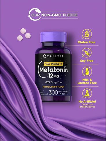 Carlyle Melatonin 12 mg Fast Dissolve 180 Tablets | Drug Free | Natural Berry Flavor | Vegetarian, Non-GMO, Gluten Free in Kuwait