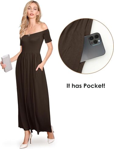 Amoretu Dresses for Women Short Sleeve Off Shoulder Maxi Flowy Casual Loose Plain Dress with Pockets in Saudi Arabia