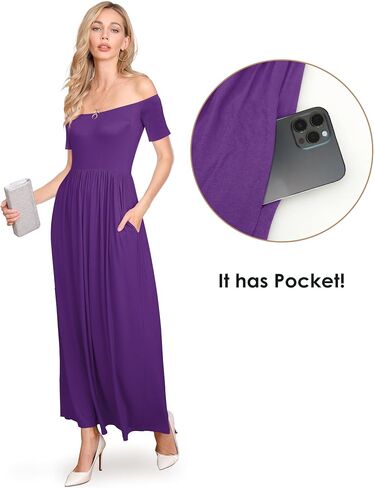 Amoretu Dresses for Women Short Sleeve Off Shoulder Maxi Flowy Casual Loose Plain Dress with Pockets in Saudi Arabia