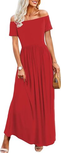 Amoretu Dresses for Women Short Sleeve Off Shoulder Maxi Flowy Casual Loose Plain Dress with Pockets in Saudi Arabia