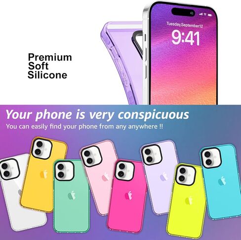 Neon Clear Case for iPhone 16 Pro with Screen Protector + Camera Lens Protector, Women Cute Vibrant Phone Case Accessories, Soft Silicone Protective Cover Cases for iPhone 16pro 6.3inch in Saudi Arabia