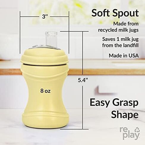 Re-Play 8oz Transition Sippy Cups for Baby Toddler, Medical Grade Silicone Soft Spout & Travel Lid, Easy to Hold Hourglass Shape, Made in USA from Recycled Milk Jugs - Ice Blue/Grey in Kuwait