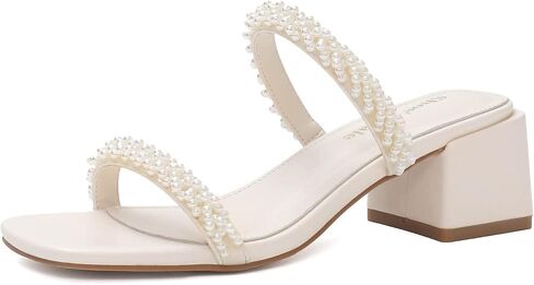حذاء لؤلؤي بكعب من Shoe'N Tale للنساء، صنادل بكعب منخفض وكعب مربع ومقدمة مربعة سهلة الارتداء in Kuwait