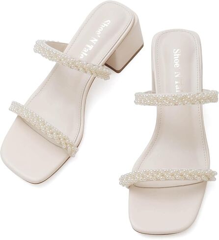 حذاء لؤلؤي بكعب من Shoe'N Tale للنساء، صنادل بكعب منخفض وكعب مربع ومقدمة مربعة سهلة الارتداء in Kuwait