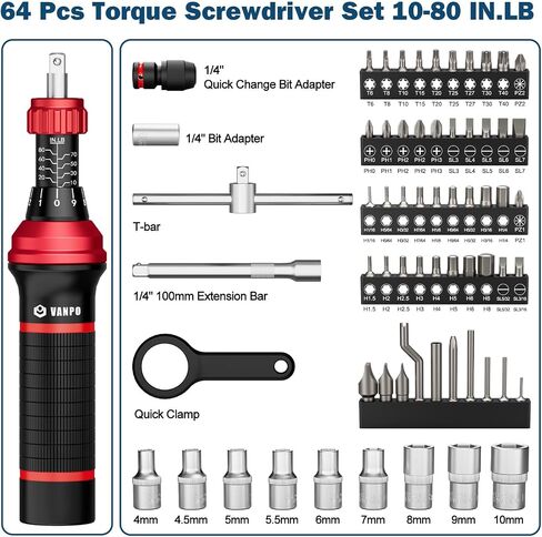 Torque Screwdriver, 10-60 in.lb, 64 Pcs Inch Pound Torque Wrench Screwdriver Set for Maintenance with T-bar Handle, Flat, Hex, Torx, and Phillips Bits, For Tools, Bike Repairing and Mounting in Saudi Arabia