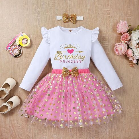 Toddler Kids Baby Girls Birthday Princess Outfits Sleeve Ruffle Shirts + Dot Bubble Tutu Skirt 2PCS Dresses in Saudi Arabia