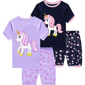 Little Girls Short Pajamas Toddler Summer Short Sets 4 Pieces Pjs Set Kids Unicorn Sleepwear Cotton Jammies Clothes 1-7T