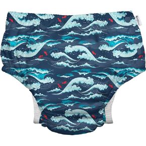 i play. by green sprouts Reusable, Eco Snap Swim Diaper with Gussets, UPF 50, 12 mo, Navy Tidal Waves, Patented Design, STANDARD 100 by OEKO-TEX Certified