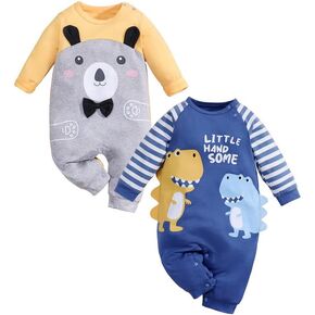 2- Pack Newborn Infant Baby Girls Boys Dinosaur Bear Print Romper Outfit Long Sleeve Jumpsuit Summer Onesie
