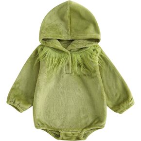 Infant Baby Boy Girl Christmas Outfits Furry Green Monster Fuzzy Jumpsuit Long Sleeve Bubble Hooded Romper Clothes