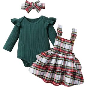 FYBITBO My First Christmas Baby Girl Outfits Newborn Infant Ribbed Romper Ruffle Plaid Skirt Overalls Dress Clothes Set