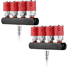 2 Pcs 4 Way Straight Air Manifold Air Hose Splitter 5 Ports 1/4 in Npt Air Compressor Connect Fittings Accessories Swivel 360 Degrees Connectors Air Compressor Hose Accessories(Red)