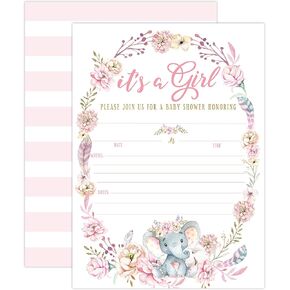 Elephant Baby Shower Invitation - Girl Pink Elephant Baby Shower - Jungle Baby Girl Shower Invite - It's a Girl - Baby Sprinkle Invite - 20 Fill-In Invitations - Envelopes Not Included