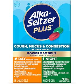 Alka-Seltzer Plus Maximum Strength Cough, Mucus & Congestion, Day + Night Powermax Liquid Gels, 16 Count