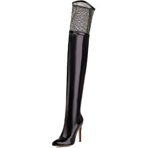 Women Metal Heel Over Knee High Boots Patent leather Thigh High Pointed Toe Black Long Boots