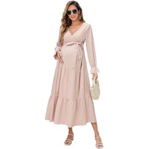 Summer Dress Maternity Women's V-Neck Puff Sleeve Pleated Maternity Maxi Dress for Baby Shower Photography or Casual Wear longapricot M