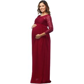 JustVH Maternity Casual Lace Chiffon Long Sleeves Empire Waist Long Maxi Dress with Belt for Baby Shower/Photoshoot