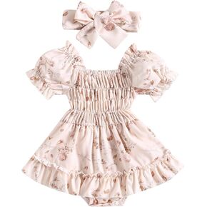 FYBITBO Newborn Baby Girl Romper Dress Floral Short Sleeve Ruched Jumpsuit Ruffle Bodysuit Headband Infant Summer Outfits