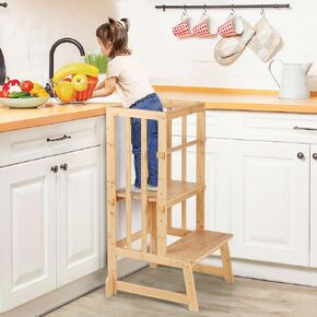 3 Height Adjustable Kids Step Stool, A-Shaped Structure Kids Standing Tower, Wooden Toddler Tower, Kids Standing Tower Aged 18-36 Months,with Safe Fences Suit in Kitchen/Bathroom, Natural