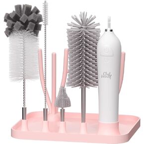 Chefhandy Bottle Brush Set, Electric Baby Bottle Cleaner Kit 7 in 1, with Bottle Drying Rack, 3-Speed Adjustable, Bottle Brush Sponge Head, Silicone Brush, Nipple Brush, Straw Brush, USB Rechargeable