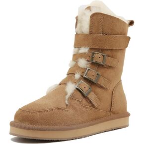 Mel&Syd 100% Sheepskin Snow Boots for Womens Mens Waterproof Mid Calf Flat Slip On Combat Boots Wool Shearling Leather Classic Lace up/Hook Adjustable Velcro Buckle Fur Boots Winter Shoes Booties