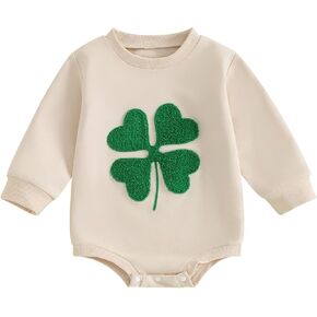 Gueuusu Baby Boy Girl St Patrick's Day Outfit Fuzzy Clover Embroidery Long Sleeve Bubble Romper Sweatshirt One Piece Bodysuit