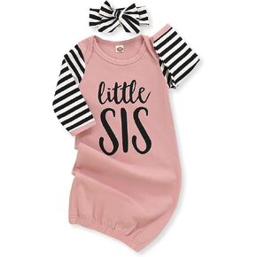 Kislio Newborn Baby Girls Boy Knotted Gown Floral Nightgown Sleeper Gown Swaddle Headband Hat Coming Home Outfit Set(Black1, 0-6 Months) in Kuwait