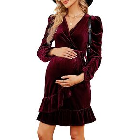 KOJOOIN Marternity Velvet Dress Wrap V Neck Puff Long Sleeve Ruffle Midi Dress with Belt Baby Shower Photoshoot