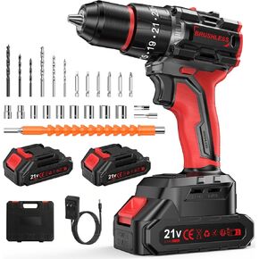 Brushless Cordless Drill Set, Power Drill Electric Taladro Inalámbrico, Cordless Drill with Battery and Charger Hand Battery Drill Machine Driver Driller Atornillador Inalámbrico, 2 * 2Ah Battery