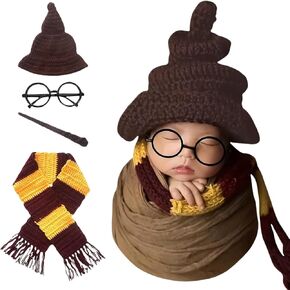 Newborn Photography Props Halloween Wizard Witch Hat Scarf Wand Glasses Frame 4 PCS Set Baby Photoshoot Props Costume