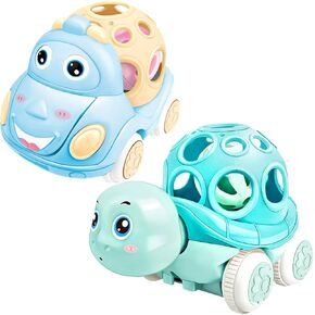 ONEST 2 Pieces Baby Toy Cars for Babies, Infant Soft Rubber Push and Go Toy Car for Toddler Girl, Rattle Roll Truck Wind Up Cars for Infants Gift, Pink Car Toys for Baby Boys Girls Gift