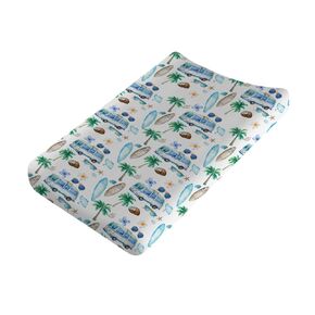 Watercolor Boho Surf Baby Changing Pad Cover Blue Beach Bus Surfboard Palm Trees Flower Diaper Changing Table Sheets for Boy Girl Summer Soft Breathable Stretch Fitted Change Table Mats 32''x16''