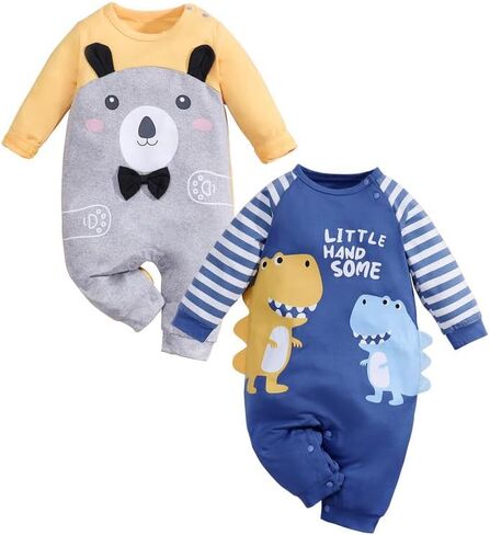 2- Pack Newborn Infant Baby Girls Boys Dinosaur Bear Print Romper Outfit Long Sleeve Jumpsuit Summer Onesie in Saudi Arabia