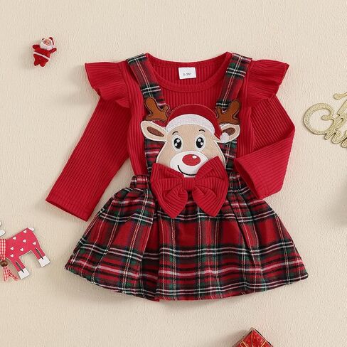 FYBITBO My First Christmas Baby Girl Outfits Newborn Infant Ribbed Romper Ruffle Plaid Skirt Overalls Dress Clothes Set in Saudi Arabia